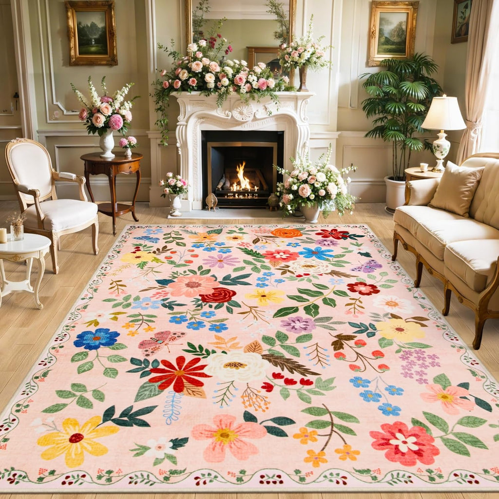 Dark Beige Floral Area Rug – Washable, Low-Pile & Non-Slip