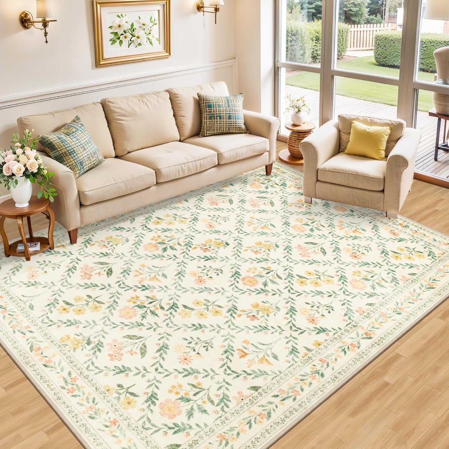 Beige Floral Area Rug