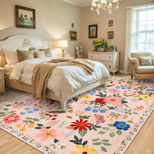 Dark Beige Floral Area Rug – Washable, Low-Pile & Non-Slip
