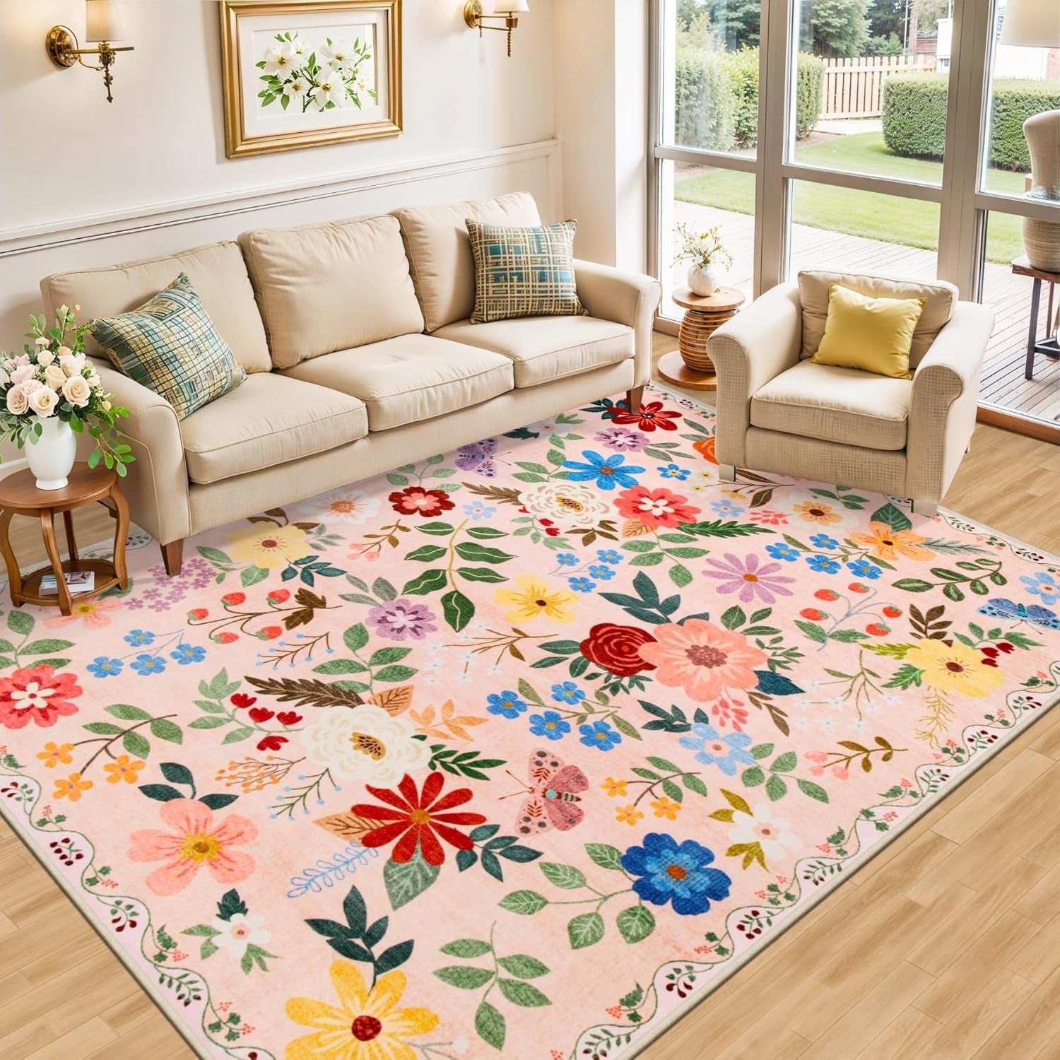 Dark Beige Floral Area Rug – Washable, Low-Pile & Non-Slip