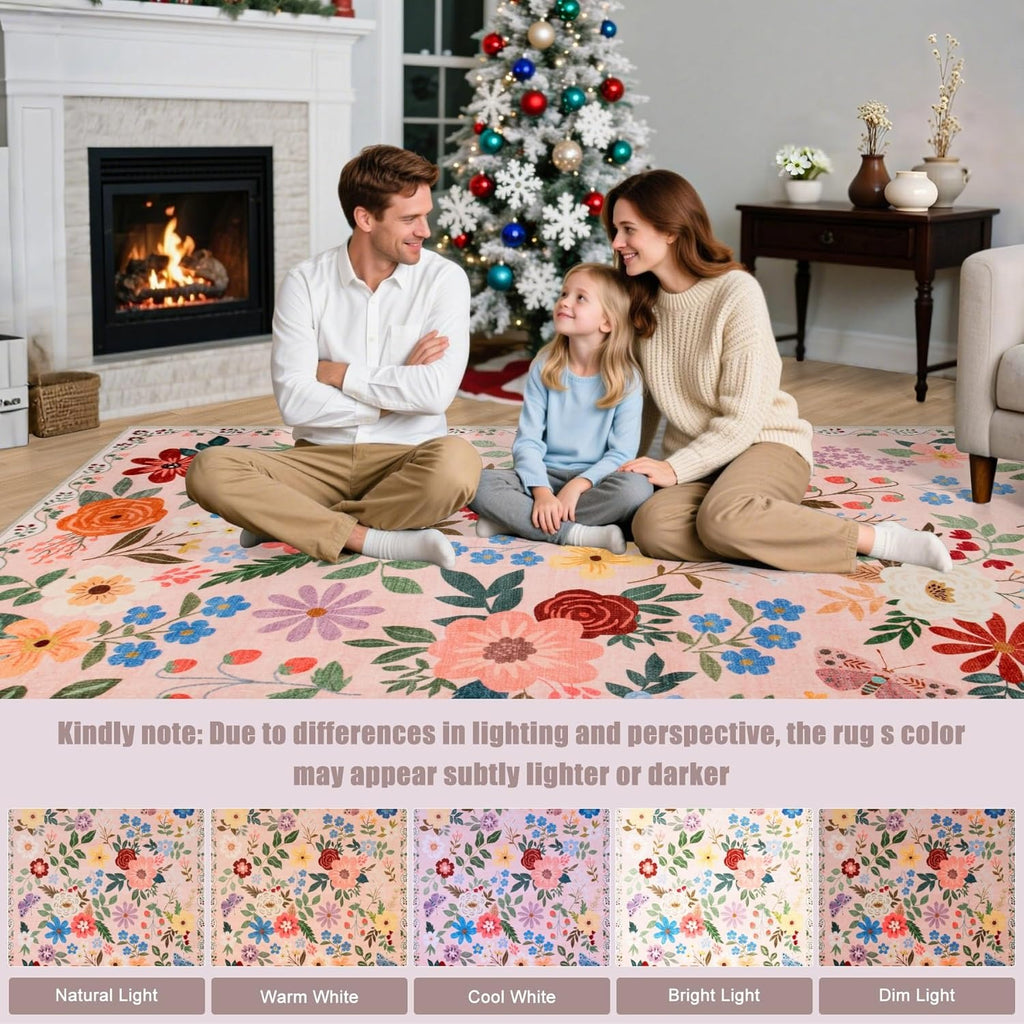 Dark Beige Floral Area Rug – Washable, Low-Pile & Non-Slip