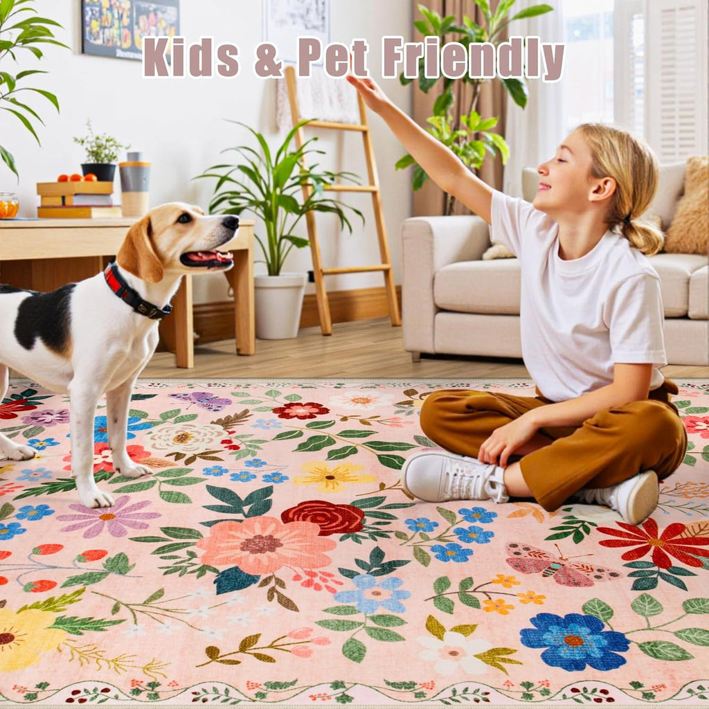 Dark Beige Floral Area Rug – Washable, Low-Pile & Non-Slip