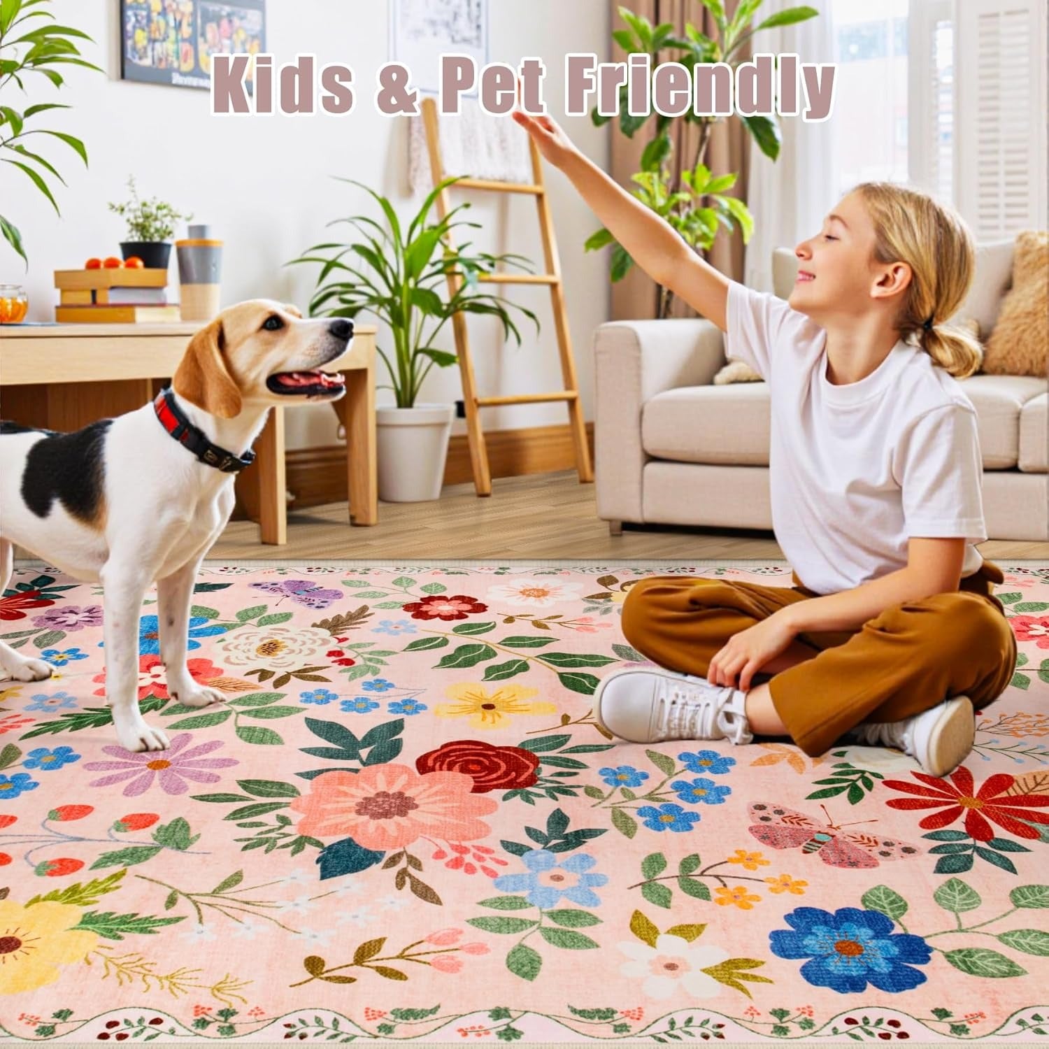 Dark Beige Floral Area Rug – Washable, Low-Pile & Non-Slip