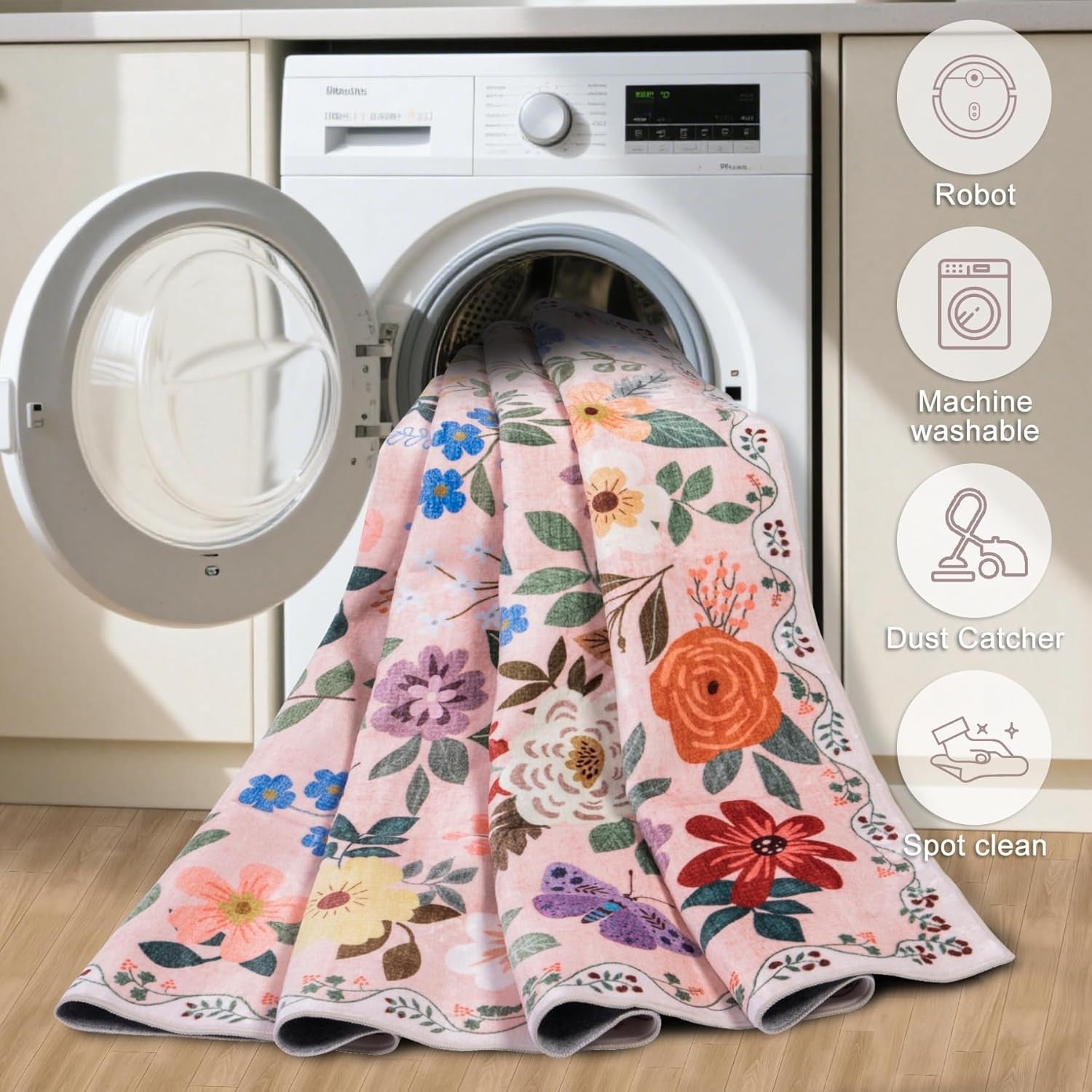 Dark Beige Floral Area Rug – Washable, Low-Pile & Non-Slip