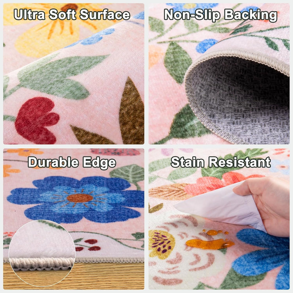 Dark Beige Floral Area Rug – Washable, Low-Pile & Non-Slip